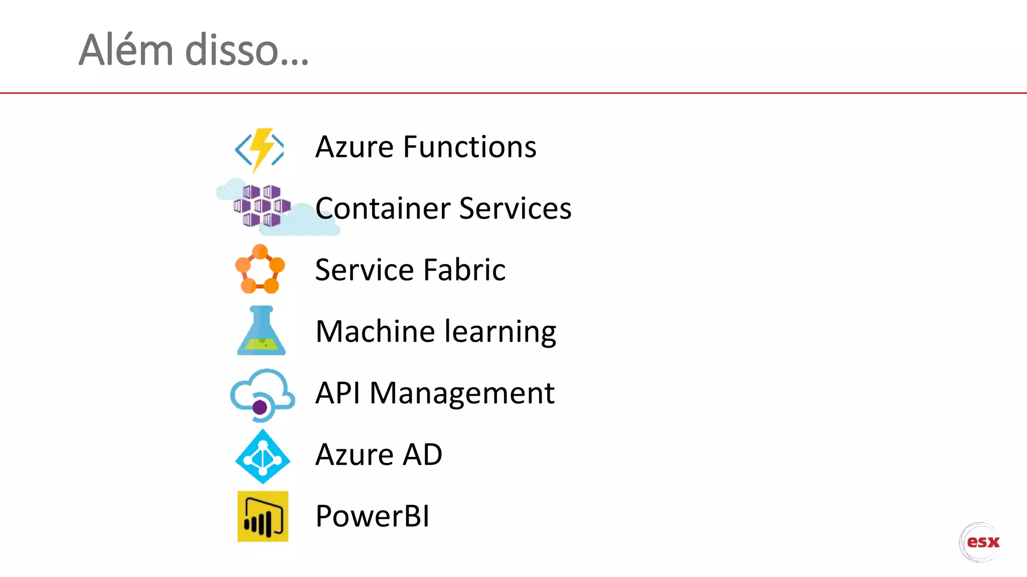 Além disso…
Azure Functions
Container Services
Service Fabric
Machine learning
API Management
Azure AD
PowerBI
 