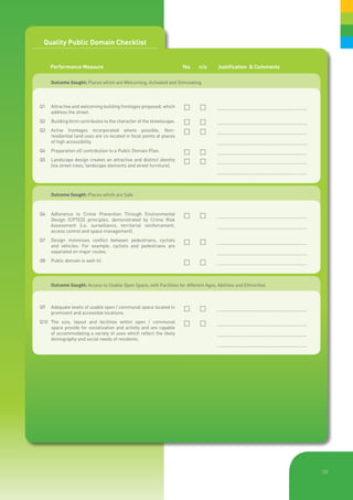 Quality Public Domain Checklist


	      Performance Measure	                                            Yes 	    n/a 	      Justification & Comments

	      Outcome Sought: Places which are Welcoming, Activated and Stimulating




Q1	 Attractive and welcoming building frontages proposed, which         	 	             .................................................................
	   address the street.
Q2	 Building form contributes to the character of the streetscape.      		 .................................................................
                                                                        			
Q3	 Active frontages incorporated where possible. Non-
	   residential land uses are co-located in focal points at places
                                                                        		 .................................................................
	   of high accessibility.                                              			               .................................................................
Q4	 Preparation of/ contribution to a Public Domain Plan.               		 .................................................................
Q5	 Landscape design creates an attractive and distinct identity
	   (via street trees, landscape elements and street furniture).
                                                                        		 .................................................................
                                                                        			               .................................................................



	      Outcome Sought: Places which are Safe



Q6	
	
       Adherence to Crime Prevention Through Environmental
       Design (CPTED) principles, demonstrated by Crime Risk
                                                                        		 .................................................................
	      Assessment (i.e. surveillance, territorial reinforcement,        			               .................................................................
	      access control and space management).
Q7	 Design minimises conflict between pedestrians, cyclists
	   and vehicles. For example, cyclists and pedestrians are
                                                                        		 .................................................................
	   separated on major routes.                                          			               .................................................................
Q8 	 Public domain is well-lit.
                                                                        		 .................................................................


	      Outcome Sought: Access to Usable Open Space, with Facilities for different Ages, Abilities and Ethnicities



Q9	 Adequate levels of usable open / communal space located in
	   prominent and accessible locations.
                                                                        		 .................................................................
Q10	
	
       The size, layout and facilities within open / communal
       space provide for socialisation and activity and are capable
                                                                        		 .................................................................
	      of accommodating a variety of uses which reflect the likely      			               .................................................................
	      demography and social needs of residents.
                                                                        			               .................................................................




                                                                                                                                                              10|
 