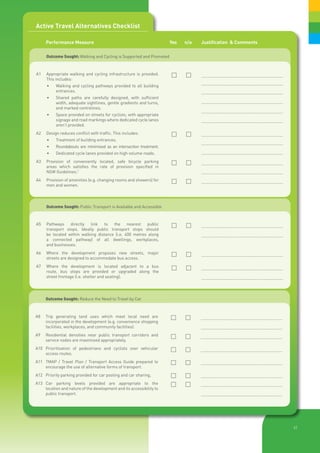 Active Travel Alternatives Checklist

	     Performance Measure	                                             Yes 	   n/a 	      Justification & Comments

	     Outcome Sought: Walking and Cycling is Supported and Promoted



A1	   Appropriate walking and cycling infrastructure is provided.      	 	              .................................................................
	     This includes:
                                                                       			                .................................................................
      •	   Walking and cycling pathways provided to all building
           entrances.                                                  			                .................................................................
      •	   Shared paths are carefully designed, with sufficient
           width, adequate sightlines, gentle gradients and turns,     			                .................................................................
           and marked centrelines.
                                                                       			                .................................................................
      •	   Space provided on streets for cyclists, with appropriate
           signage and road markings where dedicated cycle lanes       			                .................................................................
           aren’t provided.
A2	   Design reduces conflict with traffic. This includes:             		 .................................................................
      •	   Treatment of building entrances.
                                                                       			                .................................................................
      •	   Roundabouts are minimised as an intersection treatment.
      •	   Dedicated cycle lanes provided on high volume roads.        			                .................................................................
A3	
	
      Provision of conveniently located, safe bicycle parking
      areas which satisfies the rate of provision specified in
                                                                       		 .................................................................
	     NSW Guidelines.7                                                 			                .................................................................
A4	
	
      Provision of amenities (e.g. changing rooms and showers) for
      men and women.
                                                                       		 .................................................................


	     Outcome Sought: Public Transport is Available and Accessible



A5	   Pathways directly link to the nearest public
	     transport stops. Ideally public transport stops should
                                                                       	 	              .................................................................
	     be located within walking distance (i.e. 400 metres along        			                .................................................................
	     a connected pathway) of all dwellings, workplaces,
	     and businesses.
A6	
	
      Where the development proposes new streets, major
      streets are designed to accommodate bus access.
                                                                       	 	 .................................................................
A7	
	
      Where the development is located adjacent to a bus
      route, bus stops are provided or upgraded along the
                                                                       	 	 .................................................................
	     street frontage (i.e. shelter and seating).                      			                .................................................................



	     Outcome Sought: Reduce the Need to Travel by Car



A8	   Trip generating land uses which meet local need are              	 	              .................................................................
	     incorporated in the development (e.g. convenience shopping
	     facilities, workplaces, and community facilities).               			                .................................................................
A9	
	
      Residential densities near public transport corridors and
      service nodes are maximised appropriately.
                                                                       	 	 .................................................................
A10	 Prioritisation of pedestrians and cyclists over vehicular
	    access routes.
                                                                       	 	 .................................................................
A11	 TMAP / Travel Plan / Transport Access Guide prepared to           	 	 .................................................................
	    encourage the use of alternative forms of transport.
A12	 Priority parking provided for car pooling and car sharing.        	 	 .................................................................
A13	 Car parking levels provided are appropriate to the
	    location and nature of the development and its accessibility to
                                                                       	 	 .................................................................
	    public transport.                                                 			                .................................................................




                                                                                                                                                              6|
 