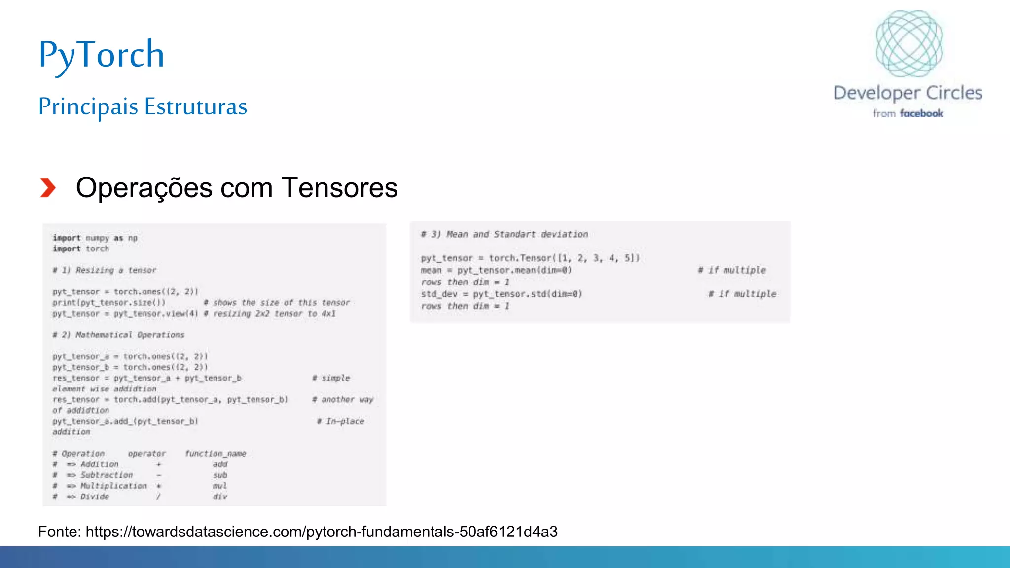Globalcode – Open4education
PyTorch
Principais Estruturas
Operações com Tensores
Fonte: https://towardsdatascience.com/pytorch-fundamentals-50af6121d4a3
 