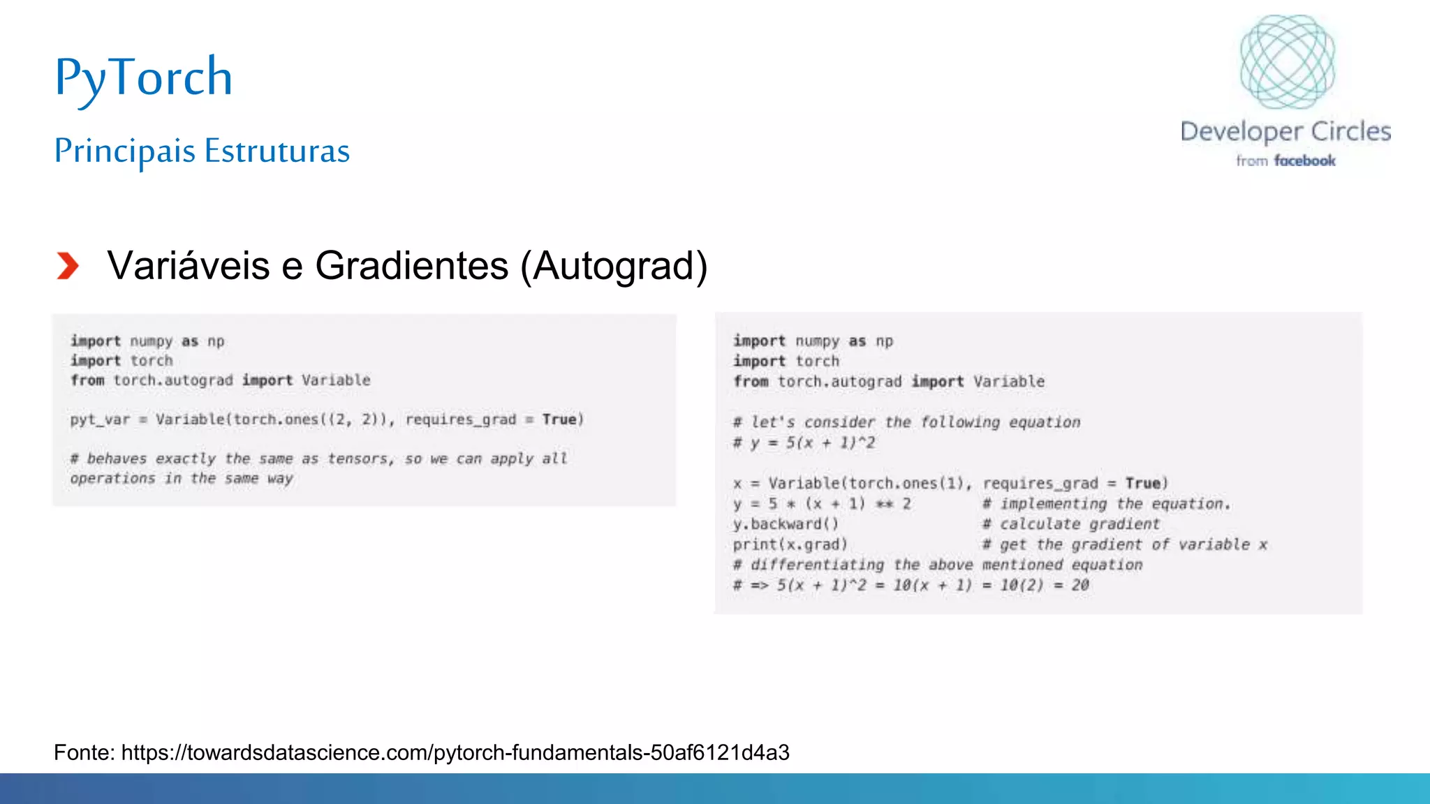 Globalcode – Open4education
PyTorch
Principais Estruturas
Variáveis e Gradientes (Autograd)
Fonte: https://towardsdatascience.com/pytorch-fundamentals-50af6121d4a3
 