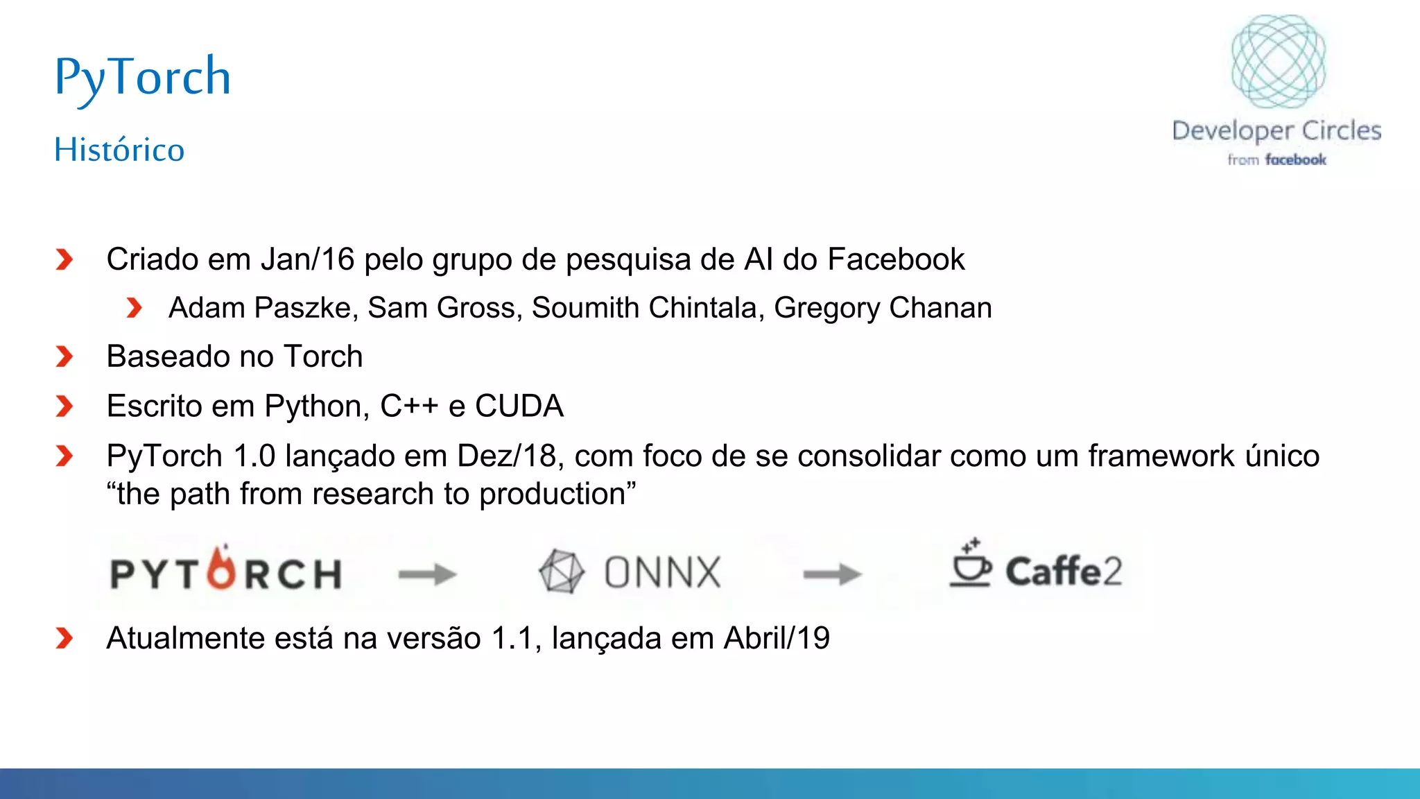 Globalcode – Open4education
PyTorch
Histórico
Criado em Jan/16 pelo grupo de pesquisa de AI do Facebook
Adam Paszke, Sam Gross, Soumith Chintala, Gregory Chanan
Baseado no Torch
Escrito em Python, C++ e CUDA
PyTorch 1.0 lançado em Dez/18, com foco de se consolidar como um framework único
“the path from research to production”
Atualmente está na versão 1.1, lançada em Abril/19
 