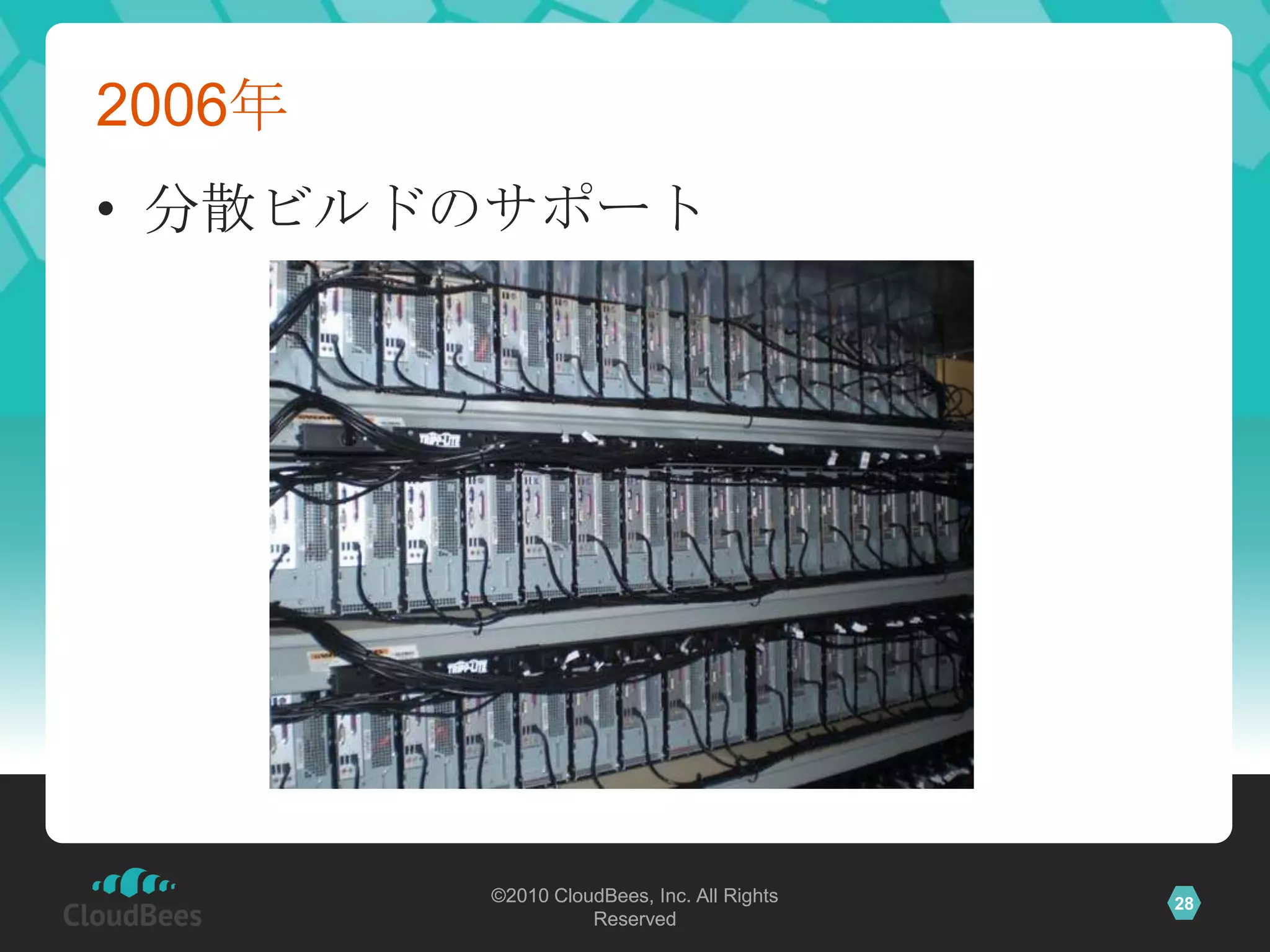 2006年
• 分散ビルドのサポート




        ©2010 CloudBees, Inc. All Rights   28
                  Reserved
 