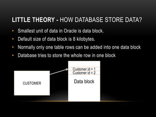 LITTLE THEORY - HOW DATABASE STORE DATA?
• Smallest unit of data in Oracle is data block.
• Default size of data block is 8 kilobytes.
• Normally only one table rows can be added into one data block
• Database tries to store the whole row in one block

                                Customer id = 1
                                Customer id = 2

     CUSTOMER                   Data block
 