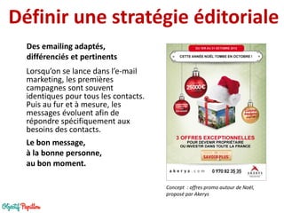 Définir une stratégie éditoriale 
Lorsqu’on se lance dans l’e-mail marketing, les premières campagnes sont souvent identiques pour tous les contacts. Puis au fur et à mesure, les messages évoluent afin de répondre spécifiquement aux besoins des contacts. 
Des emailing adaptés, différenciés et pertinents 
Le bon message, 
à la bonne personne, 
au bon moment. 
Concept : offres promo autour de Noël, proposé par Akerys  