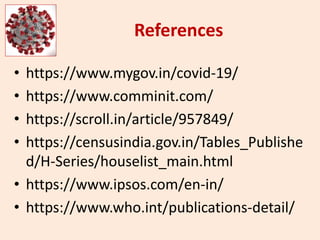 References
• https://www.mygov.in/covid-19/
• https://www.comminit.com/
• https://scroll.in/article/957849/
• https://censusindia.gov.in/Tables_Publishe
d/H-Series/houselist_main.html
• https://www.ipsos.com/en-in/
• https://www.who.int/publications-detail/
 