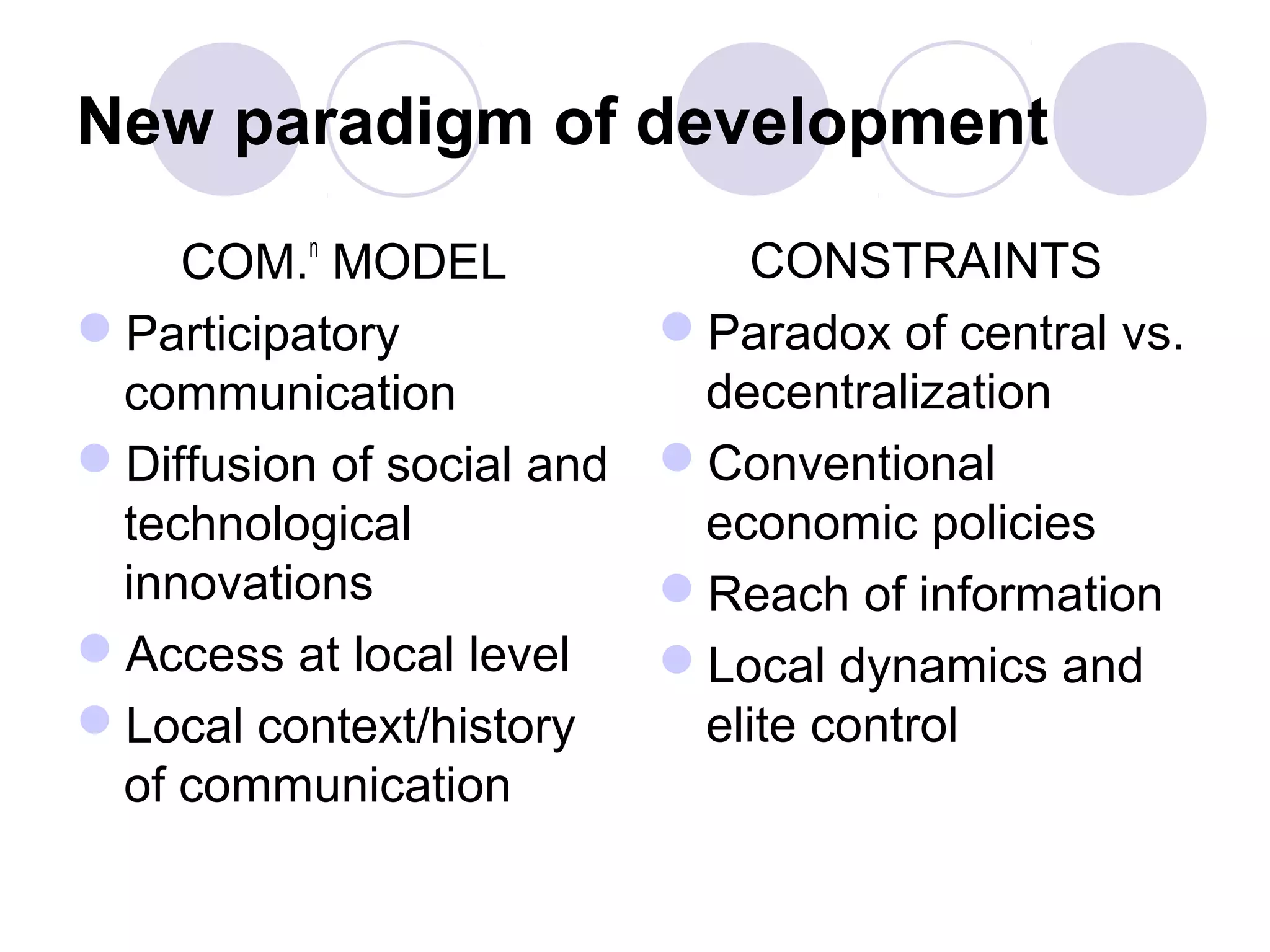 New paradigm of development
COM.n
MODEL
Participatory
communication
Diffusion of social and
technological
innovations
Access at local level
Local context/history
of communication
CONSTRAINTS
Paradox of central vs.
decentralization
Conventional
economic policies
Reach of information
Local dynamics and
elite control
 
