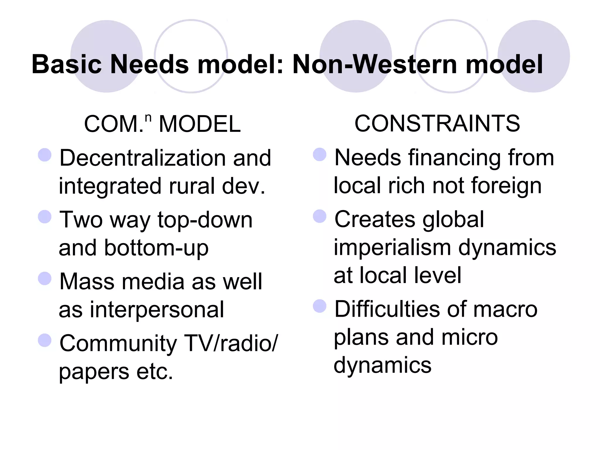 Basic Needs model: Non-Western model
COM.n
MODEL
Decentralization and
integrated rural dev.
Two way top-down
and bottom-up
Mass media as well
as interpersonal
Community TV/radio/
papers etc.
CONSTRAINTS
Needs financing from
local rich not foreign
Creates global
imperialism dynamics
at local level
Difficulties of macro
plans and micro
dynamics
 