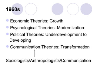 1960s
Economic Theories: Growth
Psychological Theories: Modernization
Political Theories: Underdevelopment to
Developing
Communication Theories: Transformation
Sociologists/Anthropologists/Communication
 