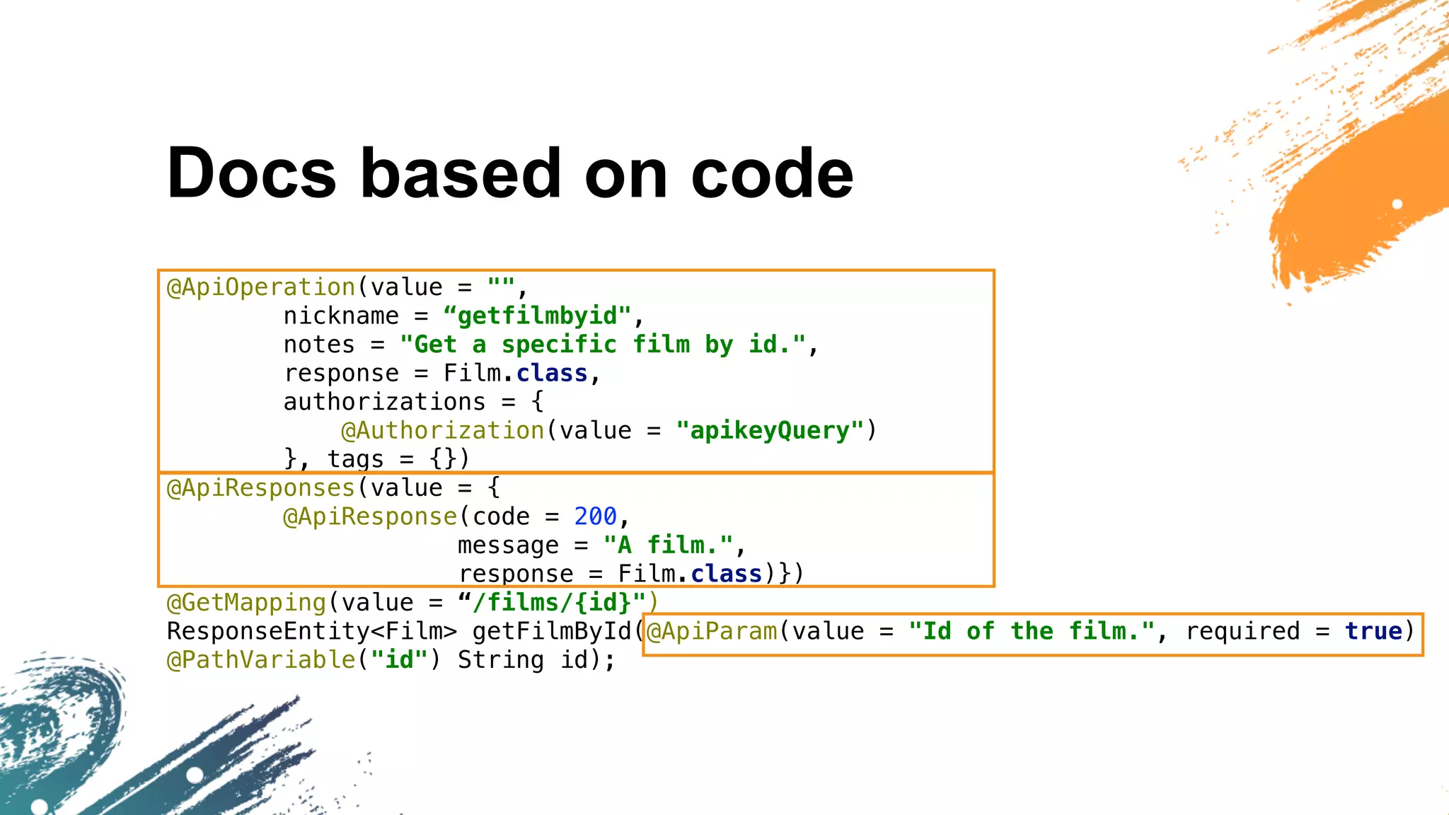Docs based on code
@ApiOperation(value = "",
nickname = “getfilmbyid",
notes = "Get a specific film by id.",
response = Film.class,
authorizations = {
@Authorization(value = "apikeyQuery")
}, tags = {})
@ApiResponses(value = {
@ApiResponse(code = 200,
message = "A film.",
response = Film.class)})
@GetMapping(value = “/films/{id}")
ResponseEntity<Film> getFilmById(@ApiParam(value = "Id of the film.", required = true)
@PathVariable("id") String id);
 