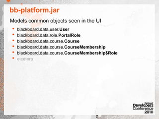 bb-platform.jarModels common objects seen in the UIblackboard.data.user.Userblackboard.data.role.PortalRoleblackboard.data.course.Courseblackboard.data.course.CourseMembershipblackboard.data.course.CourseMembership$Roleetcetera