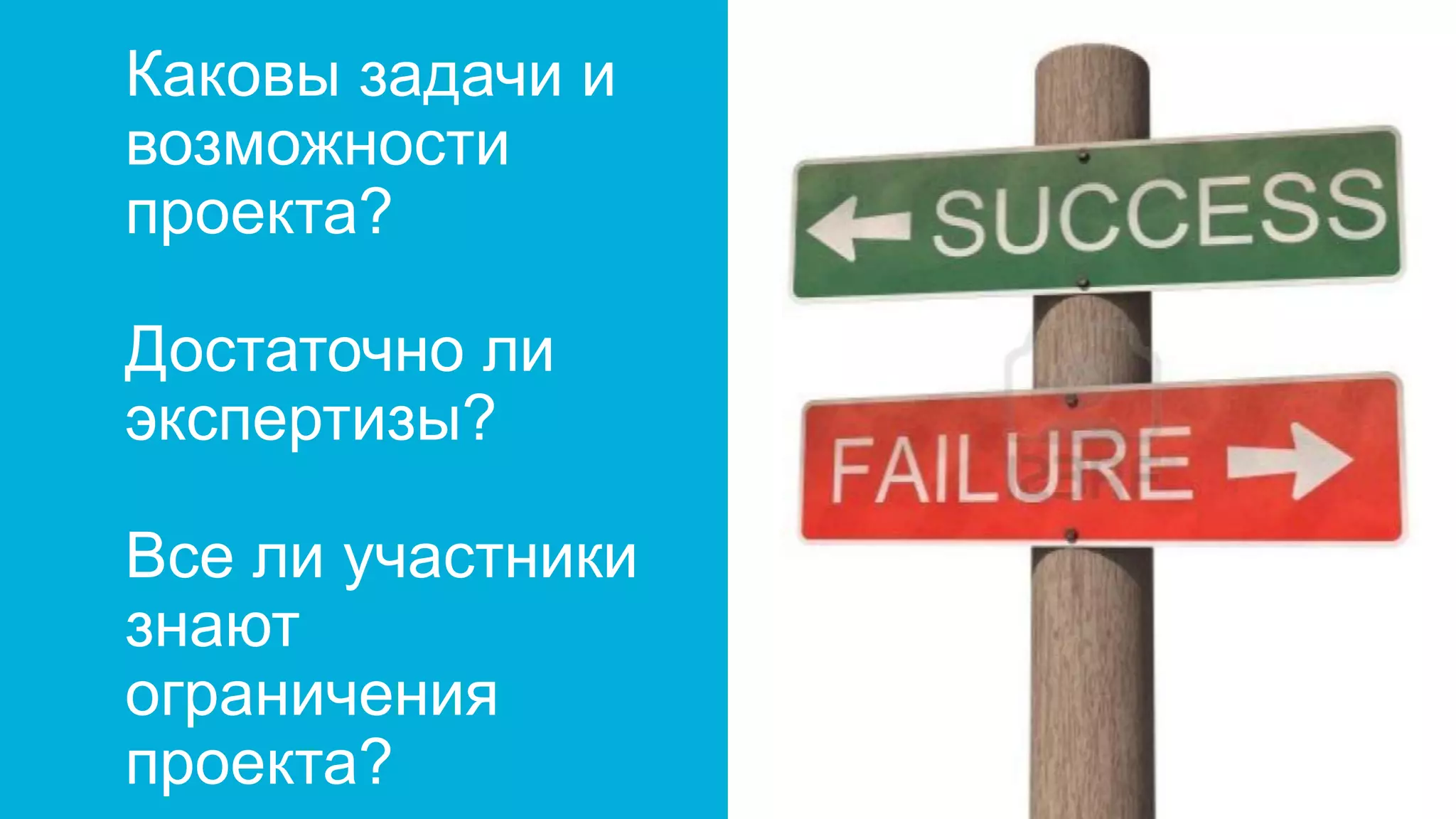 Каковы задачи и
возможности
проекта?
Достаточно ли
экспертизы?
Все ли участники
знают
ограничения
проекта?
 