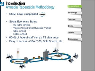 • CMMI Level 3 appraised

• Social Economic Status
   –   8(a)/SDB certified
   –   Veteran Owned Small Business (VOSB)
   –   MBE certified
   –   LDBE certified
• 60+% of federal staff carry a TS clearance
• Easy to access - GSA IT-70, Sole Source, etc.
 