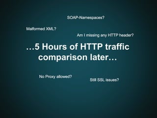 …5 Hours of HTTP traffic
comparison later…
SOAP-Namespaces?
Am I missing any HTTP header?
Malformed XML?
No Proxy allowed?
Still SSL issues?
 