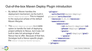 Learn. Connect. Collaborate.
Out-of-the-box Maven Deploy Plugin introduction
• By default, Maven handles the
deployment mechanism via the built in
maven-deploy-plugin. This is mapped
to the deployment phase of the default
Maven lifecycle.
• The maven-deploy-plugin is a viable
option to handle the task of deploying
project artifacts to Nexus, but it was not
built to take full advantage of what
Nexus has to offer. Because of that fact,
Sonatype built a Nexus specific plugin,
the nexus-staging-maven-plugin.
<plugin>
<artifactId>maven-deploy-
plugin</artifactId>
<version>2.8.1</version>
<executions>
<execution>
<id>default-deploy</id>
<phase>deploy</phase>
<goals>
<goal>deploy</goal>
</goals>
</execution>
</executions>
</plugin>
 