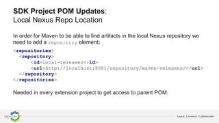Learn. Connect. Collaborate.
SDK Project POM Updates:
Local Nexus Repo Location
In order for Maven to be able to find artifacts in the local Nexus repository we
need to add a repository element:
<repositories>
<repository>
<id>local-releases</id>
<url>http://localhost:8081/repository/maven-releases/</url>
</repository>
</repositories>
Needed in every extension project to get access to parent POM.
 