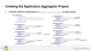 Learn. Connect. Collaborate.
Creating the Application Aggregator Project
• Include platform extensions in alfresco-maven-plugin configuration:
<platformModules>
<moduleDependency>
<groupId>${alfresco.groupId}</groupId>
<artifactId>alfresco-share-services</artifactId>
<version>${alfresco.share.version}</version>
<type>amp</type>
</moduleDependency>
<moduleDependency>
<groupId>org.acme.bestpublishing</groupId>
<artifactId>content-model</artifactId>
<version>1.0</version>
</moduleDependency>
<moduleDependency>
<groupId>org.acme.bestpublishing</groupId>
<artifactId>book-management-site-bootstrap</artifactId>
<version>1.1</version>
</moduleDependency>
<moduleDependency>
<groupId>org.acme.bestpublishing</groupId>
<artifactId>utils</artifactId>
<version>1.0</version>
</moduleDependency>
<moduleDependency>
<groupId>org.acme.bestpublishing</groupId>
<artifactId>content-ingestion</artifactId>
<version>1.2</version>
</moduleDependency>
<moduleDependency>
<groupId>org.acme.bestpublishing</groupId>
<artifactId>metadata-ingestion</artifactId>
<version>1.0</version>
</moduleDependency>
<moduleDependency>
<groupId>org.acme.bestpublishing</groupId>
<artifactId>publishing-workflow</artifactId>
<version>1.1</version>
</moduleDependency>
<moduleDependency>
<groupId>org.acme.bestpublishing</groupId>
<artifactId>book-management-site-actions</artifactId>
<version>1.0</version>
</moduleDependency>
</platformModules>
 