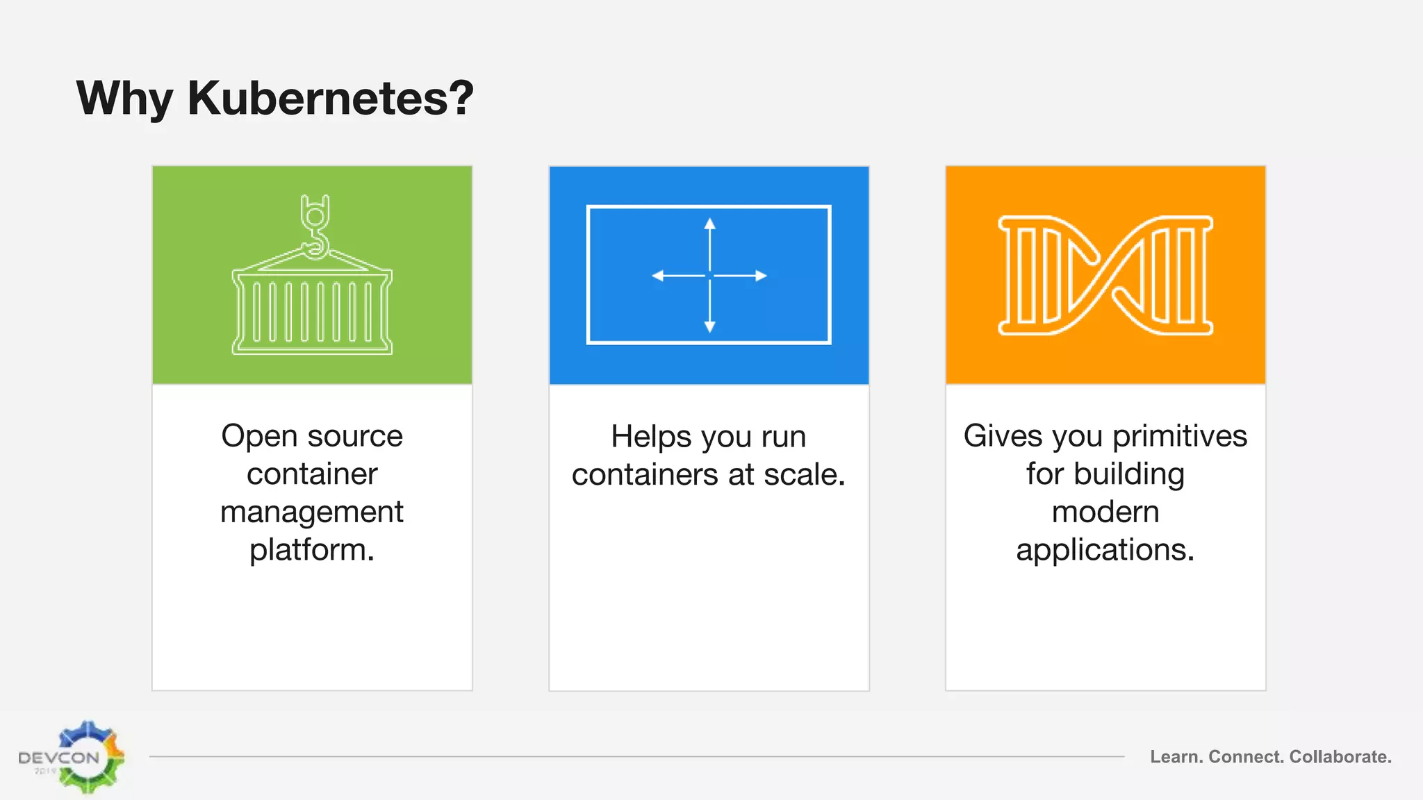 Learn. Connect. Collaborate.
Why Kubernetes?
Open source
container
management
platform.
Helps you run
containers at scale.
Gives you primitives
for building
modern
applications.
 