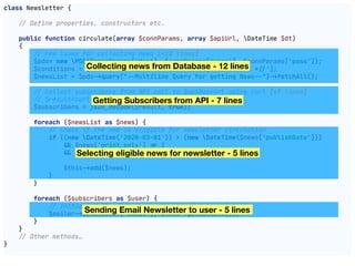 class Newsletter {

!// Define properties, constructors etc.

public function circulate(array $connParams, array $apiUrl, DateTime $dt)

{

!// Few lines for collecting news [+12 lines]

$pdo= new PDO($connParams['dsn'], $connParams['user'], $connParams['pass']);

$conditions = ['!!/** a few lines for calculating conditions *!//'];

$newsList = $pdo"->query("!--Multiline Query for getting News!--")"->fetchAll();

!// Collect subscribers from API call to $apiBaseUrl using curl [+7 lines]

!// $result=curl_exec($ch);

$subscribers = json_decode($result, true);

foreach ($newsList as $news) {

!// Check if the new is eligible for newsletter circulation

if ((new DateTime('2020-03-01')) > (new DateTime($news['publishDate']))

"&& $news['print_only'] "!= 1

"&& 'some_other_condition' "== 'whatever') {

$this"->add($news);

}

}

foreach ($subscribers as $user) {

!// Initiate Mailer library as $mailer [+5 lines]

$mailer"->send($user['email'], $this"->getContent());

}

}

!// Other methods…

}

Collecting news from Database - 12 lines
Getting Subscribers from API - 7 lines
Sending Email Newsletter to user - 5 lines
Selecting eligible news for newsletter - 5 lines
 