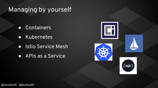 ● Containers
● Kubernetes
● Istio Service Mesh
● APIs as a Service
Managing by yourself
@danieloh30 @QuarkusIO
 