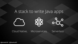 @danieloh30 @QuarkusIO
A stack to write Java apps
Cloud Native, Microservices, Serverless
 