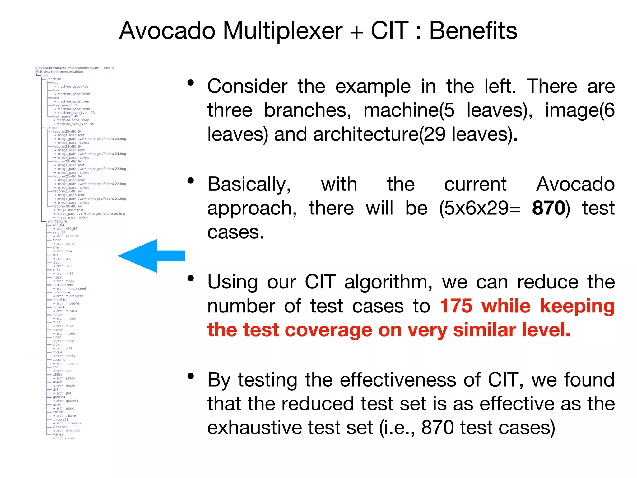 Avocado Multiplexer + CIT : Benefits
• Consider the example in the left. There are
three branches, machine(5 leaves), image(6
leaves) and architecture(29 leaves).
• Basically, with the current Avocado
approach, there will be (5x6x29= 870) test
cases.
• Using our CIT algorithm, we can reduce the
number of test cases to 175 while keeping
the test coverage on very similar level.
• By testing the effectiveness of CIT, we found
that the reduced test set is as effective as the
exhaustive test set (i.e., 870 test cases)
 
