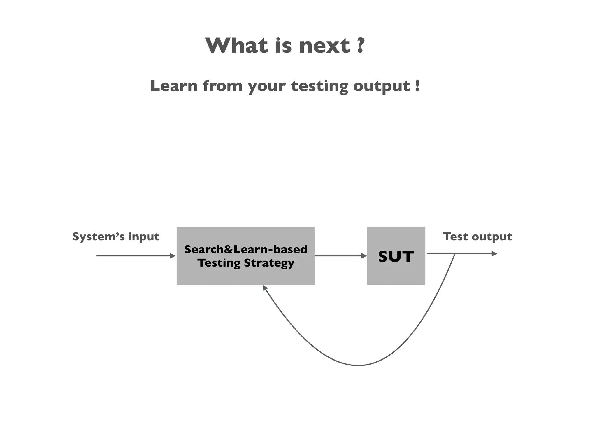 Learn from your testing output !
What is next ?
SUT
Search&Learn-based
Testing Strategy
System’s input Test output
 