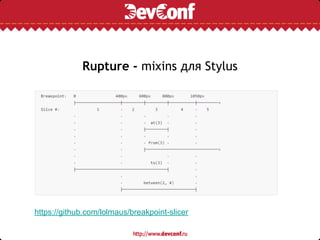 Rupture - mixins для Stylus
https://github.com/lolmaus/breakpoint-slicer
 