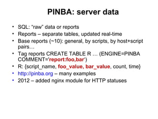 PINBA: server data
• SQL: “raw” data or reports
• Reports – separate tables, updated real-time
• Base reports (~10): gener...
