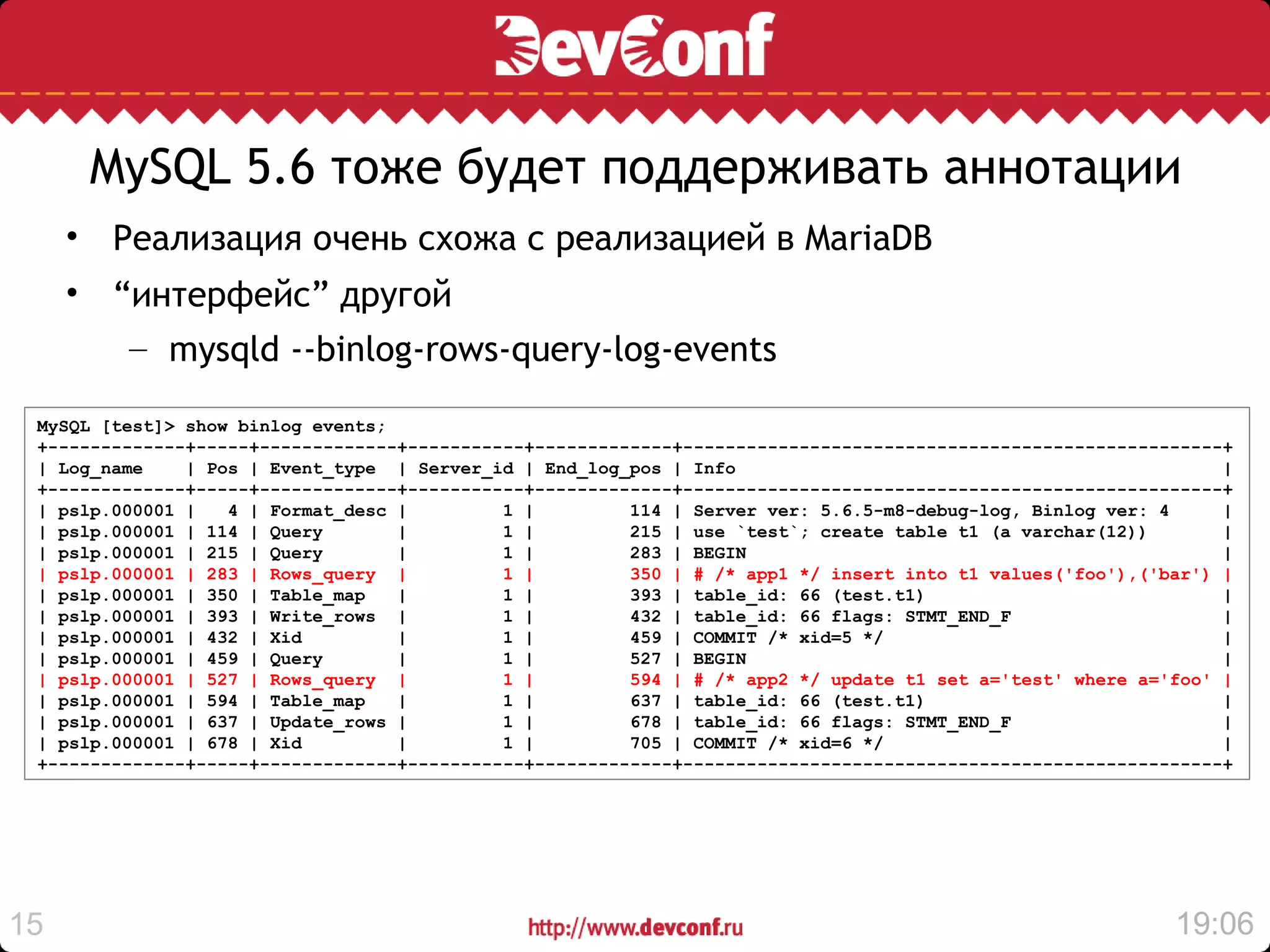 MySQL 5.6 тоже будет поддерживать аннотации
     • Реализация очень схожа с реализацией в MariaDB
     • “интерфейс” другой
        – mysqld --binlog-rows-query-log-events

 MySQL [test]> show binlog events;
 +-------------+-----+-------------+-----------+-------------+---------------------------------------------------+
 | Log_name    | Pos | Event_type | Server_id | End_log_pos | Info                                               |
 +-------------+-----+-------------+-----------+-------------+---------------------------------------------------+
 | pslp.000001 |   4 | Format_desc |         1 |         114 | Server ver: 5.6.5-m8-debug-log, Binlog ver: 4     |
 | pslp.000001 | 114 | Query       |         1 |         215 | use `test`; create table t1 (a varchar(12))       |
 | pslp.000001 | 215 | Query       |         1 |         283 | BEGIN                                             |
 | pslp.000001 | 283 | Rows_query |          1 |         350 | # /* app1 */ insert into t1 values('foo'),('bar') |
 | pslp.000001 | 350 | Table_map   |         1 |         393 | table_id: 66 (test.t1)                            |
 | pslp.000001 | 393 | Write_rows |          1 |         432 | table_id: 66 flags: STMT_END_F                    |
 | pslp.000001 | 432 | Xid         |         1 |         459 | COMMIT /* xid=5 */                                |
 | pslp.000001 | 459 | Query       |         1 |         527 | BEGIN                                             |
 | pslp.000001 | 527 | Rows_query |          1 |         594 | # /* app2 */ update t1 set a='test' where a='foo' |
 | pslp.000001 | 594 | Table_map   |         1 |         637 | table_id: 66 (test.t1)                            |
 | pslp.000001 | 637 | Update_rows |         1 |         678 | table_id: 66 flags: STMT_END_F                    |
 | pslp.000001 | 678 | Xid         |         1 |         705 | COMMIT /* xid=6 */                                |
 +-------------+-----+-------------+-----------+-------------+---------------------------------------------------+




15                                                                                                          19:06
 