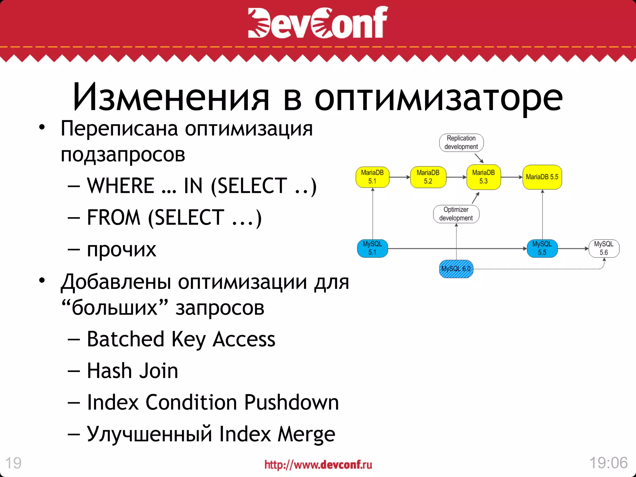Изменения в оптимизаторе
     • Переписана оптимизация
       подзапросов
        – WHERE … IN (SELECT ..)
        – FROM (SELECT ...)
        – прочих
     • Добавлены оптимизации для
       “больших” запросов
        – Batched Key Access
        – Hash Join
        – Index Condition Pushdown
        – Улучшенный Index Merge
19                                   19:06
 