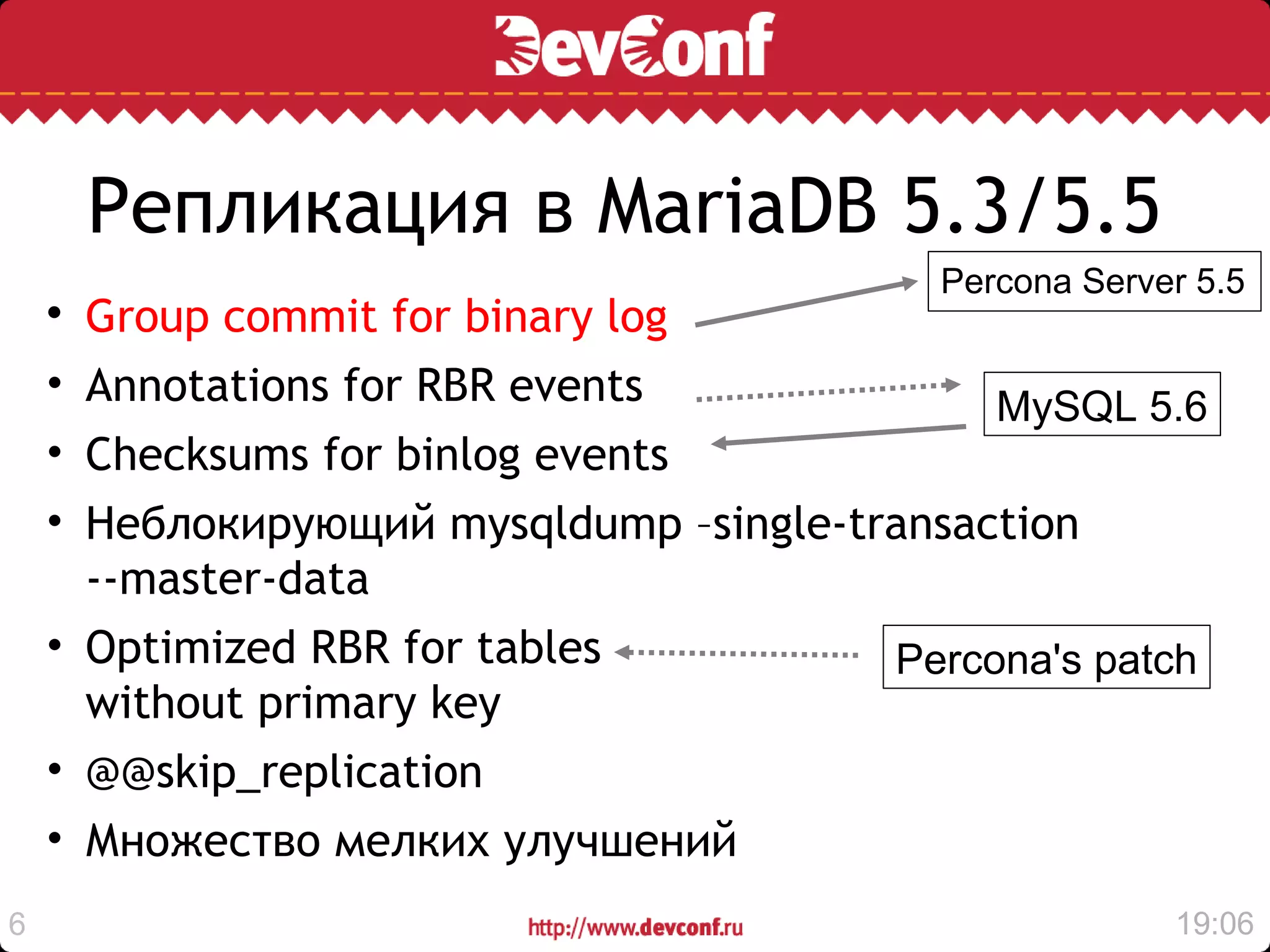 Репликация в MariaDB 5.3/5.5
                                           Percona Server 5.5
    
        Group commit for binary log
    • Annotations for RBR events              MySQL 5.6
    • Checksums for binlog events
    • Неблокирующий mysqldump –single-transaction
      --master-data
    • Optimized RBR for tables          Percona's patch
      without primary key
    • @@skip_replication
    • Множество мелких улучшений
6                                                       19:06
 