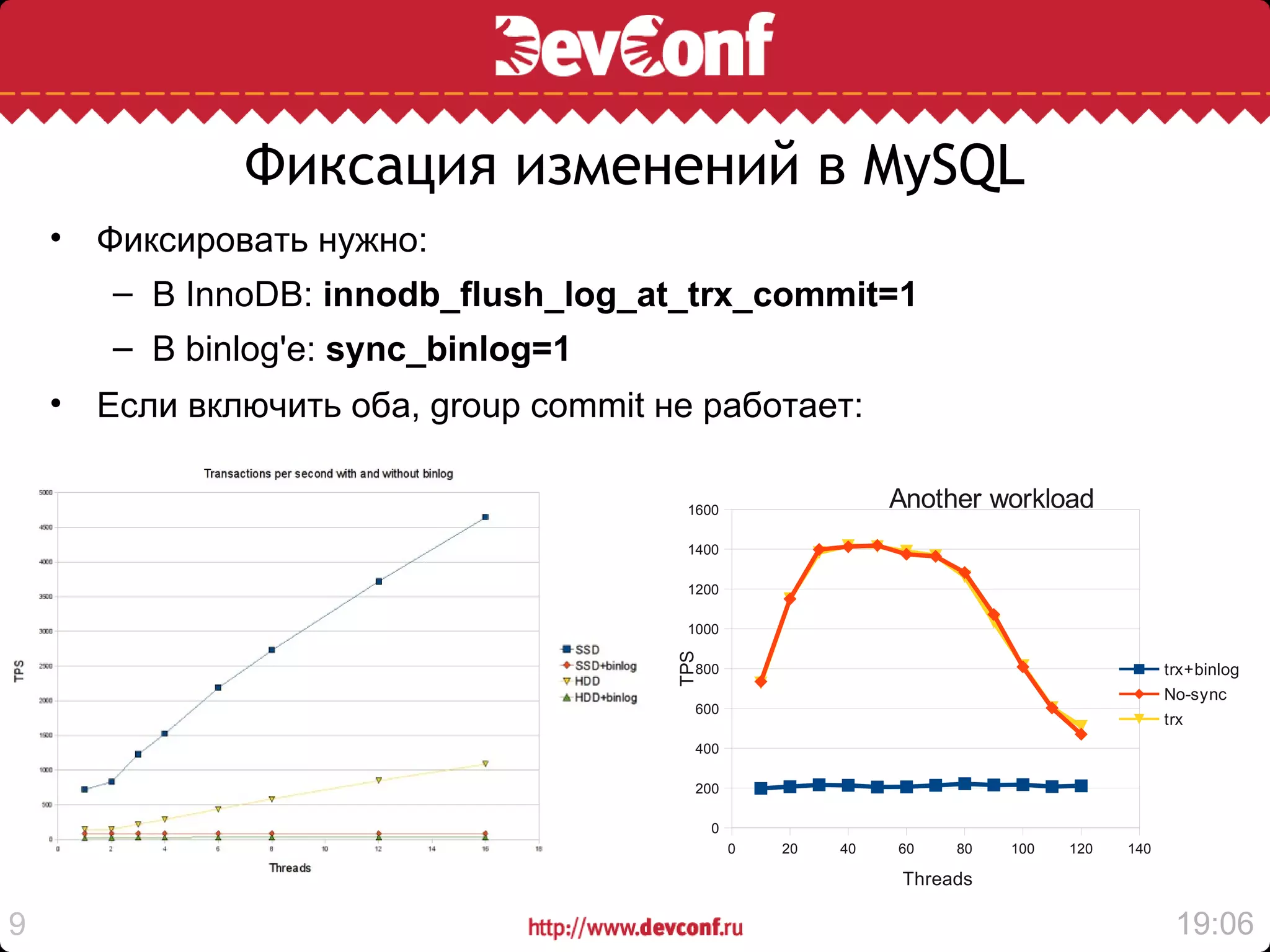Фиксация изменений в MySQL
    • Фиксировать нужно:
       – В InnoDB: innodb_flush_log_at_trx_commit=1
       – В binlog'е: sync_binlog=1
    • Если включить оба, group commit не работает:

                                        1600                   Another workload
                                        1400

                                        1200

                                        1000



                                       TPS
                                         800                                                trx+binlog
                                                                                            No-sync
                                         600
                                                                                            trx
                                         400

                                         200

                                             0
                                                 0   20   40   60    80   100   120   140

                                                                Threads

9                                                                                            19:06
 