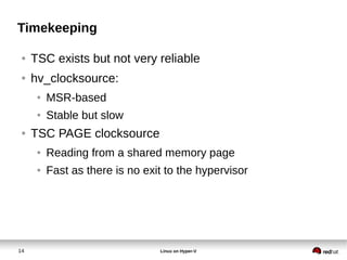 14 Linux on Hyper-V
Timekeeping
● TSC exists but not very reliable
● hv_clocksource:
● MSR-based
● Stable but slow
● TSC PAGE clocksource
● Reading from a shared memory page
● Fast as there is no exit to the hypervisor
 