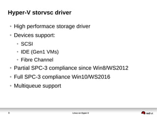 8 Linux on Hyper-V
Hyper-V storvsc driver
● High performace storage driver
● Devices support:
● SCSI
● IDE (Gen1 VMs)
● Fibre Channel
● Partial SPC-3 compliance since Win8/WS2012
● Full SPC-3 compliance Win10/WS2016
● Multiqueue support
 
