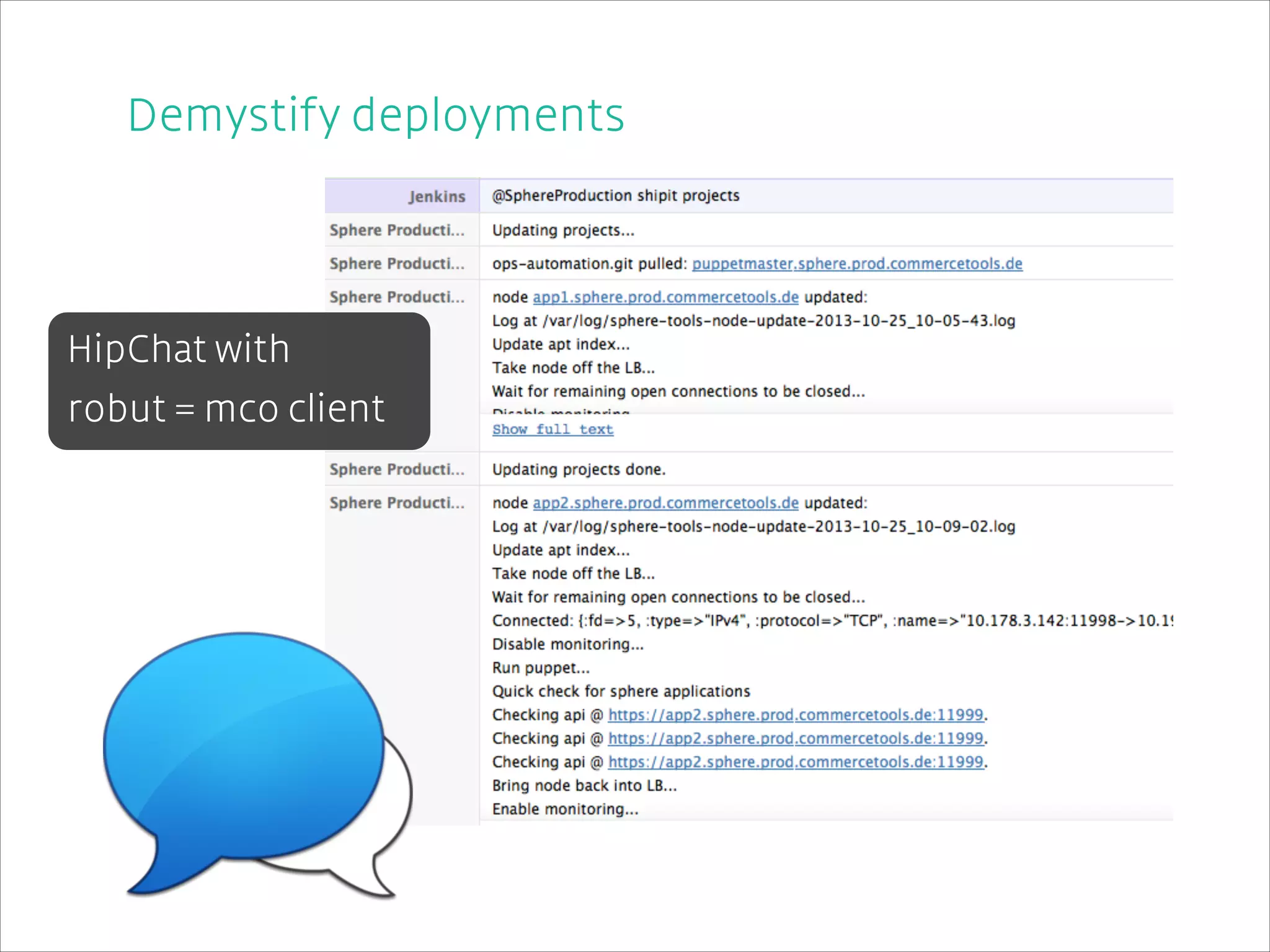 Demystify deployments
!
!
!

HipChat with
!

robut = mco client
!
!
!

 