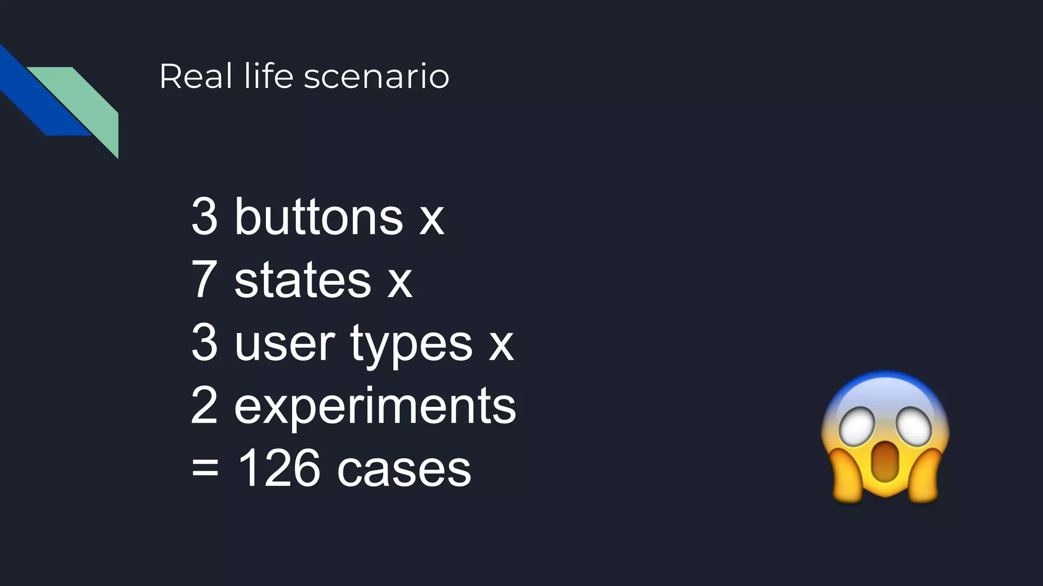 Real life scenario
3 buttons x
7 states x
3 user types x
2 experiments
= 126 cases
 