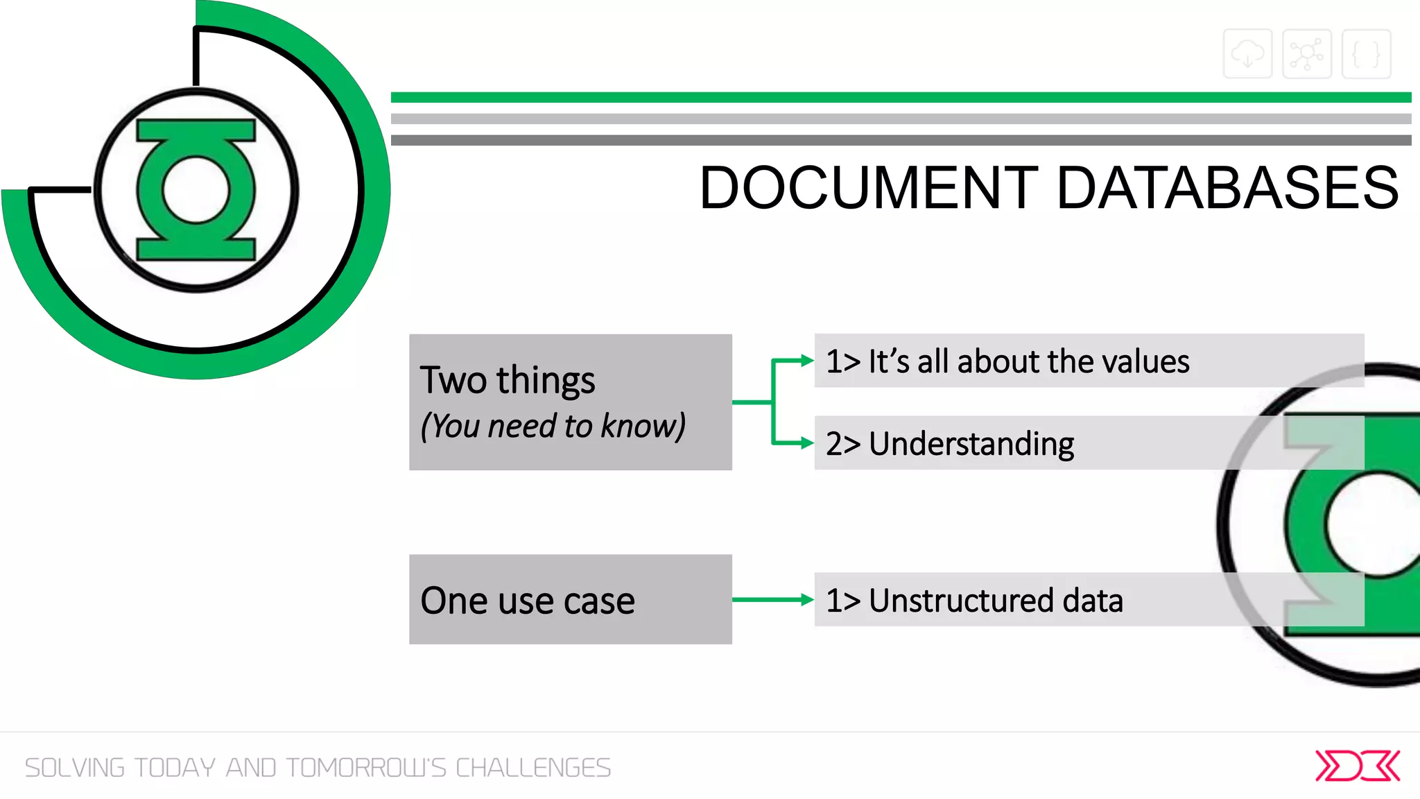 Two things
(You need to know)
One use case
1> It’s all about the values
2> Understanding
1> Unstructured data
DOCUMENT DATABASES
 
