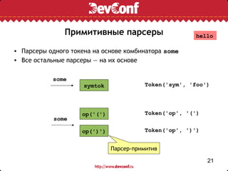 Примитивные парсеры                     hello

• Парсеры одного токена на основе комбинатора some
• Все остальные парсеры — на их основе

           some
                     symtok             Token('sym', 'foo')




                    op('(')             Token('op', '(')
            some

                    op(')')             Token('op', ')')


                              Парсер-примитив

                                                           21
 