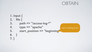 1. input {
2. ﬁle {
3. path => "/access-log-*"
4. type => "apache"
5. start_position => "beginning"
6. }
7. }
OBTAIN
start reading from
 