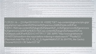indexing-in-elasticsearch/" "Mozilla/5.0 (Macintosh; Intel Mac OS X 10_10_2) AppleWebKit/537.36 (KHTML, like Gecko) Chrome/42.0.2311.90 Safari/537.36"
71.59.251.16 - - [21/Apr/2015:03:51:34 +0200] "GET /wp-content/plugins/scripts-gzip/gzip.php?js=wp-includes%2Fjs%2Fjquery%2Fjquery.js%3Fver%3D1.11.1%2Cwp-includes%2Fjs%2Fjquery%2Fjquery-migrate.min.js%3Fver%3D1.2.1%2Cwp-content%2Fthemes
%2Fspacious%2Fjs%2Fspacious-custom.js%3Fver%3D4.1.1 HTTP/1.1" 200 36442 "http://www.gridshore.nl/2014/07/26/transform-the-input-before-indexing-in-elasticsearch/" "Mozilla/5.0 (Macintosh; Intel Mac OS X 10_10_2) AppleWebKit/537.36 (KHTML, like Gecko)
Chrome/42.0.2311.90 Safari/537.36"
71.59.251.16 - - [21/Apr/2015:03:51:34 +0200] "GET /wp-content/plugins/akismet/_inc/form.js?ver=3.1.1 HTTP/1.1" 200 969 "http://www.gridshore.nl/2014/07/26/transform-the-input-before-indexing-in-elasticsearch/" "Mozilla/5.0 (Macintosh; Intel Mac OS X 10_10_2)
AppleWebKit/537.36 (KHTML, like Gecko) Chrome/42.0.2311.90 Safari/537.36"
71.59.251.16 - - [21/Apr/2015:03:51:34 +0200] "GET /wp-content/plugins/scripts-gzip/gzip.php?css=wp-content%2Fthemes%2Fspacious-child%2Fstyle.css%3Fver%3D4.1.1%2Cwp-content%2Fplugins%2Fjetpack%2F_inc%2Fgenericons%2Fgenericons%2Fgenericons.css
%3Fver%3D3.1%2Cwp-content%2Fplugins%2Fjetpack%2Fcss%2Fjetpack.css%3Fver%3D3.4.3 HTTP/1.1" 200 36995 "http://www.gridshore.nl/2014/07/26/transform-the-input-before-indexing-in-elasticsearch/" "Mozilla/5.0 (Macintosh; Intel Mac OS X 10_10_2)
AppleWebKit/537.36 (KHTML, like Gecko) Chrome/42.0.2311.90 Safari/537.36"
71.59.251.16 - - [21/Apr/2015:03:51:34 +0200] "GET /wp-content/plugins/jetpack/modules/wpgroho.js?ver=4.1.1 HTTP/1.1" 200 1228 "http://www.gridshore.nl/2014/07/26/transform-the-input-before-indexing-in-elasticsearch/" "Mozilla/5.0 (Macintosh; Intel Mac OS X
10_10_2) AppleWebKit/537.36 (KHTML, like Gecko) Chrome/42.0.2311.90 Safari/537.36"
71.59.251.16 - - [21/Apr/2015:03:51:34 +0200] "GET /wp-content/plugins/syntaxhighlighter/syntaxhighlighter3/scripts/shBrushJScript.js?ver=3.0.9b HTTP/1.1" 200 2056 "http://www.gridshore.nl/2014/07/26/transform-the-input-before-indexing-in-elasticsearch/" "Mozilla/5.0
(Macintosh; Intel Mac OS X 10_10_2) AppleWebKit/537.36 (KHTML, like Gecko) Chrome/42.0.2311.90 Safari/537.36"
71.59.251.16 - - [21/Apr/2015:03:51:34 +0200] "GET /wp-content/plugins/syntaxhighlighter/syntaxhighlighter3/scripts/shCore.js?ver=3.0.9b HTTP/1.1" 200 24190 "http://www.gridshore.nl/2014/07/26/transform-the-input-before-indexing-in-elasticsearch/" "Mozilla/5.0
(Macintosh; Intel Mac OS X 10_10_2) AppleWebKit/537.36 (KHTML, like Gecko) Chrome/42.0.2311.90 Safari/537.36"
71.59.251.16 - - [21/Apr/2015:03:51:34 +0200] "GET /wp-includes/js/comment-reply.min.js?ver=4.1.1 HTTP/1.1" 200 1026 "http://www.gridshore.nl/2014/07/26/transform-the-input-before-indexing-in-elasticsearch/" "Mozilla/5.0 (Macintosh; Intel Mac OS X 10_10_2)
AppleWebKit/537.36 (KHTML, like Gecko) Chrome/42.0.2311.90 Safari/537.36"
71.59.251.16 - - [21/Apr/2015:03:51:35 +0200] "GET /wp-content/themes/spacious/js/navigation.js?ver=4.1.1 HTTP/1.1" 200 1233 "http://www.gridshore.nl/2014/07/26/transform-the-input-before-indexing-in-elasticsearch/" "Mozilla/5.0 (Macintosh; Intel Mac OS X
10_10_2) AppleWebKit/537.36 (KHTML, like Gecko) Chrome/42.0.2311.90 Safari/537.36"
71.59.251.16 - - [21/Apr/2015:03:51:35 +0200] "GET /wp-content/plugins/jetpack/modules/sharedaddy/sharing.js?ver=3.4.3 HTTP/1.1" 200 43124 "http://www.gridshore.nl/2014/07/26/transform-the-input-before-indexing-in-elasticsearch/" "Mozilla/5.0 (Macintosh; Intel
Mac OS X 10_10_2) AppleWebKit/537.36 (KHTML, like Gecko) Chrome/42.0.2311.90 Safari/537.36"
71.59.251.16 - - [21/Apr/2015:03:51:35 +0200] "GET /wp-content/plugins/syntaxhighlighter/syntaxhighlighter3/styles/shCore.css?ver=3.0.9b HTTP/1.1" 200 7042 "http://www.gridshore.nl/2014/07/26/transform-the-input-before-indexing-in-elasticsearch/" "Mozilla/5.0
(Macintosh; Intel Mac OS X 10_10_2) AppleWebKit/537.36 (KHTML, like Gecko) Chrome/42.0.2311.90 Safari/537.36"
71.59.251.16 - - [21/Apr/2015:03:51:35 +0200] "GET /wp-content/plugins/syntaxhighlighter/syntaxhighlighter3/styles/shThemeDefault.css?ver=3.0.9b HTTP/1.1" 200 3257 "http://www.gridshore.nl/2014/07/26/transform-the-input-before-indexing-in-elasticsearch/" "Mozilla/
5.0 (Macintosh; Intel Mac OS X 10_10_2) AppleWebKit/537.36 (KHTML, like Gecko) Chrome/42.0.2311.90 Safari/537.36"
71.59.251.16 - - [21/Apr/2015:03:51:35 +0200] "GET /wp-admin/admin-ajax.php?action=wordfence_logHuman&hid=57D2A62DA174F5DA747EC194B32CBD32&r=0.9168877548072487 HTTP/1.1" 200 461 "http://www.gridshore.nl/2014/07/26/transform-the-input-
before-indexing-in-elasticsearch/" "Mozilla/5.0 (Macintosh; Intel Mac OS X 10_10_2) AppleWebKit/537.36 (KHTML, like Gecko) Chrome/42.0.2311.90 Safari/537.36"
71.59.251.16 - - [21/Apr/2015:03:51:35 +0200] "GET /wp-content/plugins/jetpack/_inc/genericons/genericons/svg HTTP/1.1" 404 32544 "http://www.gridshore.nl/wp-content/plugins/scripts-gzip/gzip.php?css=wp-content%2Fthemes%2Fspacious-child%2Fstyle.css%3Fver
%3D4.1.1%2Cwp-content%2Fplugins%2Fjetpack%2F_inc%2Fgenericons%2Fgenericons%2Fgenericons.css%3Fver%3D3.1%2Cwp-content%2Fplugins%2Fjetpack%2Fcss%2Fjetpack.css%3Fver%3D3.4.3" "Mozilla/5.0 (Macintosh; Intel Mac OS X 10_10_2) AppleWebKit/537.36
(KHTML, like Gecko) Chrome/42.0.2311.90 Safari/537.36"
71.59.251.16 - - [21/Apr/2015:03:51:36 +0200] "GET /favicon.ico HTTP/1.1" 200 2829 "http://www.gridshore.nl/2014/07/26/transform-the-input-before-indexing-in-elasticsearch/" "Mozilla/5.0 (Macintosh; Intel Mac OS X 10_10_2) AppleWebKit/537.36 (KHTML, like
Gecko) Chrome/42.0.2311.90 Safari/537.36"
46.4.132.226 - - [21/Apr/2015:03:51:37 +0200] "GET /tag/united-states/feed/ HTTP/1.0" 200 15341 "http://www.gridshore.nl/tag/united-states/" "Mozilla/5.0 (compatible; SEOkicks-Robot; +http://www.seokicks.de/robot.html)"
46.4.132.226 - - [21/Apr/2015:03:51:47 +0200] "GET /2008/11/04/threadsafe-applications-part-i/ HTTP/1.0" 200 57529 "http://www.gridshore.nl/2008/11/05/yes-we-canthe-day-after/" "Mozilla/5.0 (compatible; SEOkicks-Robot; +http://www.seokicks.de/robot.html)"
46.4.132.226 - - [21/Apr/2015:03:52:01 +0200] "GET /2008/11/04/threadsafe-applications-part-i/feed/ HTTP/1.0" 200 7159 "http://www.gridshore.nl/2008/11/04/threadsafe-applications-part-i/" "Mozilla/5.0 (compatible; SEOkicks-Robot; +http://www.seokicks.de/
robot.html)"
54.197.215.119 - - [21/Apr/2015:03:52:10 +0200] "GET /favicon.ico HTTP/1.1" 200 2829 "-" "Pinterest/0.2 (+http://www.pinterest.com/)"
54.197.215.119 - - [21/Apr/2015:03:52:11 +0200] "GET /apple-touch-icon.png HTTP/1.1" 404 32507 "-" "Pinterest/0.2 (+http://www.pinterest.com/)"
46.4.132.226 - - [21/Apr/2015:03:52:12 +0200] "GET /tag/copyright/ HTTP/1.0" 200 37874 "http://www.gridshore.nl/2008/10/15/redesigning-libraries-completely/" "Mozilla/5.0 (compatible; SEOkicks-Robot; +http://www.seokicks.de/robot.html)"
46.4.132.226 - - [21/Apr/2015:03:52:25 +0200] "GET /tag/copyright/feed/ HTTP/1.0" 200 17376 "http://www.gridshore.nl/tag/copyright/" "Mozilla/5.0 (compatible; SEOkicks-Robot; +http://www.seokicks.de/robot.html)"
162.243.222.48 - - [21/Apr/2015:03:52:31 +0200] "GET /feed/atom/ HTTP/1.1" 200 70930 "-" "Feedbin - 1 subscribers"
183.161.168.153 - - [21/Apr/2015:03:52:32 +0200] "GET /2014/08/15/creativity-inc-by-ed-catmull/ HTTP/1.1" 200 34606 "-" "Mozilla/4.0 (compatible; MSIE 6.0;Windows NT 5.1)"
183.161.168.153 - - [21/Apr/2015:03:52:34 +0200] "POST /2014/08/15/creativity-inc-by-ed-catmull/ HTTP/1.1" 302 790 "http://www.gridshore.nl/2014/08/15/creativity-inc-by-ed-catmull/" "Mozilla/4.0 (compatible; MSIE 6.0;Windows NT 5.1; SV1)"
183.161.168.153 - - [21/Apr/2015:03:52:36 +0200] "GET /2014/08/15/creativity-inc-by-ed-catmull/ HTTP/1.1" 200 34607 "-" "Mozilla/4.0 (compatible; MSIE 6.0;Windows NT 5.1; SV1; Mozilla/4.0 (compatible; MSIE 6.0;Windows NT 5.1; SV1) ; .NET CLR 2.0.50727 ; .NET
CLR 4.0.30319)"
46.4.132.226 - - [21/Apr/2015:03:52:38 +0200] "GET /tag/openness/ HTTP/1.0" 200 37864 "http://www.gridshore.nl/2008/10/15/redesigning-libraries-completely/" "Mozilla/5.0 (compatible; SEOkicks-Robot; +http://www.seokicks.de/robot.html)"
66.249.65.32 - - [21/Apr/2015:03:52:47 +0200] "GET /feed HTTP/1.1" 301 451 "-" "Mozilla/5.0 (compatible; Googlebot/2.1; +http://www.google.com/bot.html)"
66.249.65.32 - - [21/Apr/2015:03:52:48 +0200] "GET /feed/ HTTP/1.1" 304 243 "-" "Mozilla/5.0 (compatible; Googlebot/2.1; +http://www.google.com/bot.html)"
46.4.132.226 - - [21/Apr/2015:03:52:52 +0200] "GET /2008/10/15/time-for-a-new-editor-and-other-vacation-musings/ HTTP/1.0" 200 46014 "http://www.gridshore.nl/2008/10/15/redesigning-libraries-completely/" "Mozilla/5.0 (compatible; SEOkicks-Robot; +http://
www.seokicks.de/robot.html)"
46.4.132.226 - - [21/Apr/2015:03:53:06 +0200] "GET /2008/10/19/one-liter-of-guice-during-spring-break/ HTTP/1.0" 200 72731 "http://www.gridshore.nl/2008/10/15/redesigning-libraries-completely/" "Mozilla/5.0 (compatible; SEOkicks-Robot; +http://www.seokicks.de/
robot.html)"
46.4.132.226 - - [21/Apr/2015:03:53:21 +0200] "GET /2008/10/19/one-liter-of-guice-during-spring-break/feed/ HTTP/1.0" 200 10136 "http://www.gridshore.nl/2008/10/19/one-liter-of-guice-during-spring-break/" "Mozilla/5.0 (compatible; SEOkicks-Robot; +http://
www.seokicks.de/robot.html)"
71.59.251.16 - - [21/Apr/2015:03:51:34 +0200] "GET /wp-content/plugins/scripts-gzip/
gzip.php?css=wp-content%2Fthemes%2Fspacious-child%2Fstyle.css%3Fver
%3D4.1.1%2Cwp-content%2Fplugins%2Fjetpack%2F_inc%2Fgenericons%2Fgenericons
%2Fgenericons.css%3Fver%3D3.1%2Cwp-content%2Fplugins%2Fjetpack%2Fcss
%2Fjetpack.css%3Fver%3D3.4.3 HTTP/1.1" 200 36995 "http://www.gridshore.nl/
2014/07/26/transform-the-input-before-indexing-in-elasticsearch/" "Mozilla/5.0
(Macintosh; Intel Mac OS X 10_10_2) AppleWebKit/537.36 (KHTML, like Gecko)
Chrome/42.0.2311.90 Safari/537.36"
 
