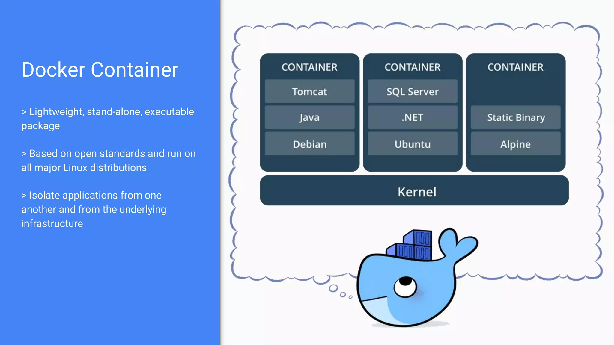 Docker Container
> Lightweight, stand-alone, executable
package
> Based on open standards and run on
all major Linux distributions
> Isolate applications from one
another and from the underlying
infrastructure
 