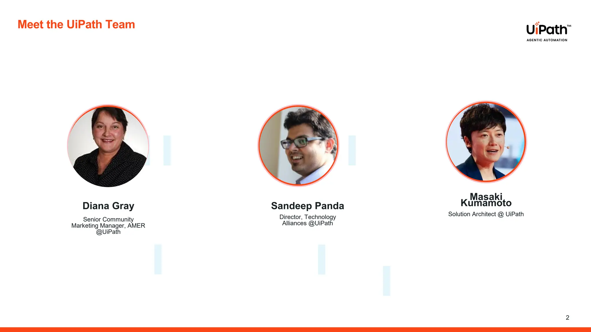 2
Meet the UiPath Team
Sandeep Panda
Director, Technology
Alliances @UiPath
Masaki
Kumamoto
Solution Architect @ UiPath
Diana Gray
Senior Community
Marketing Manager, AMER
@UiPath
 