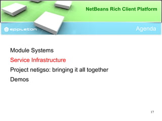 Module System How does the OSGi module system work? Runtime Container manages Life cycle and dependencies of modules 
