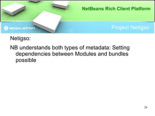 Module System How does the NetBeans module system work? Runtime starts up reads meta information and sets up dependencies 