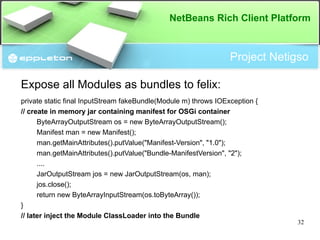 Module System How is a OSGi bundle constructed? Module is a JAR Archive containing: META-INF/MANIFEST.MF  Id 