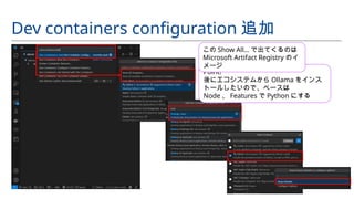 Dev containers configuration 追加
Point!
後にエコシステムから Ollama をインス
トールしたいので、ベースは
Node 、 Features で Python にする
この Show All… で出てくるのは
Microsoft Artifact Registry のイ
メージ
 