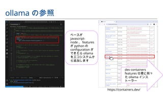 ベースが
javascript-
node 、 features
が python の
configuration が
できたら ollama
をエコシステムか
ら追加します
ollama の参照
dev containers
features 仕様に則っ
た ollama インス
トーラー
https://containers.dev/
 
