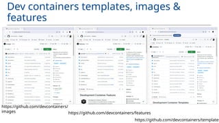 Dev containers templates, images &
features
https://github.com/devcontainers/features
https://github.com/devcontainers/
images
https://github.com/devcontainers/templates
 