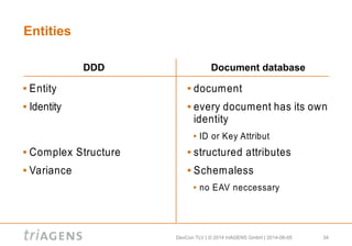 DevCon TLV | © 2014 triAGENS GmbH | 2014-06-05 34
Entities
 Entity
 Identity
 Complex Structure
 Variance
 document
 every document has its own
identity
 ID or Key Attribut
 structured attributes
 Schemaless
 no EAV neccessary
DDD Document database
 